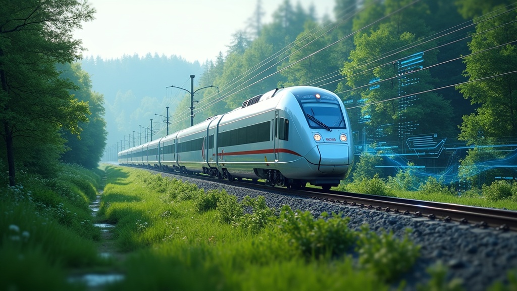 AI rail technology: train tracks with a digital overlay and forest surroundings